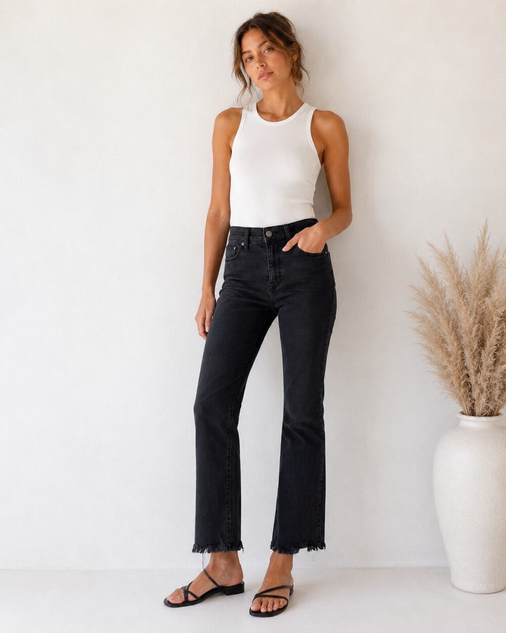 Madewell Black Cali Demi Boot Cut Jeans Womens 24 Raw Hem High Rise Casual Ankle